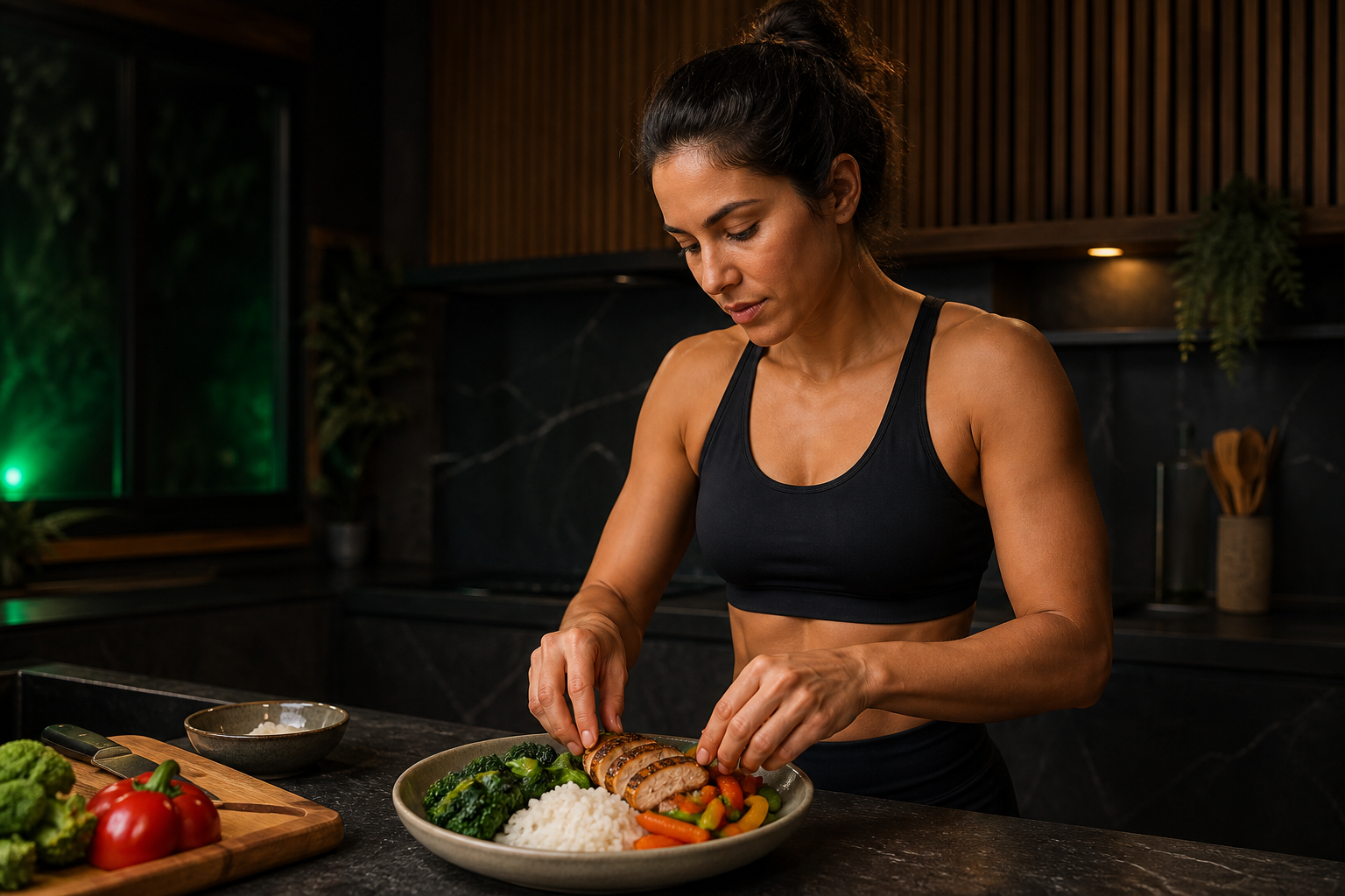 Mulher preparando uma refeição equilibrada em uma cozinha contemporânea