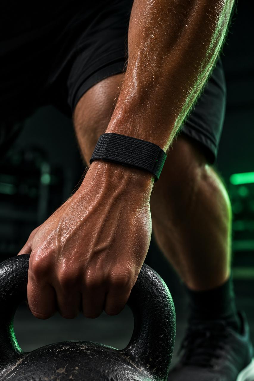 Evolu Band preta sendo usada durante um treino com kettlebell